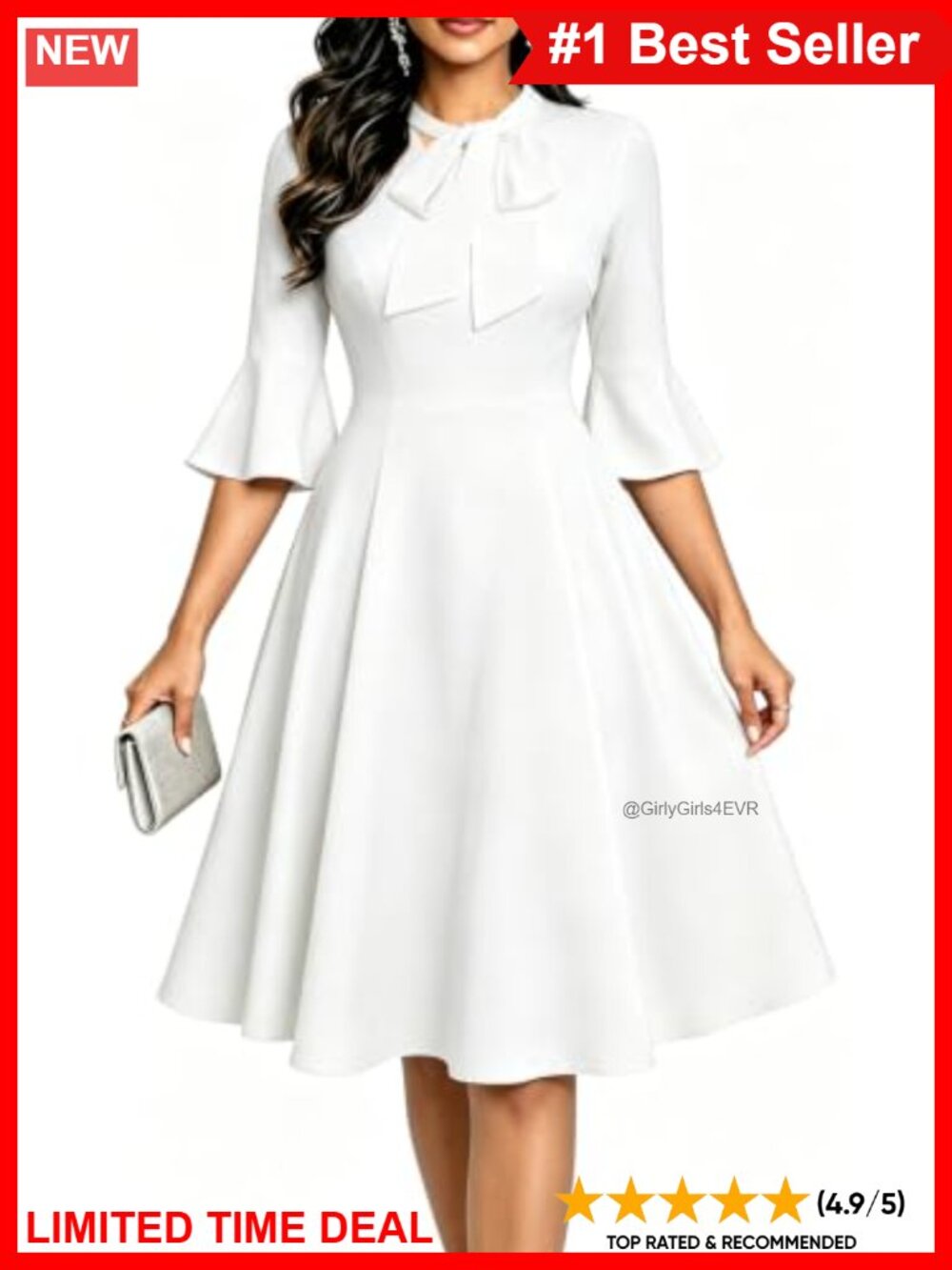 Vintage A-Line Midi Dress Ruffle Flare Sleeves Hidden Pockets Work Party